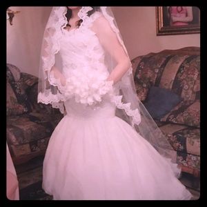 Wedding dress and veil.